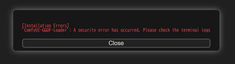 ComfyUI Managerで拡張機能をインストールすると、ERROR: This action requires BOTH: (1) 'allow_git_url_install = true' in config.ini エラーが表示される:画像1