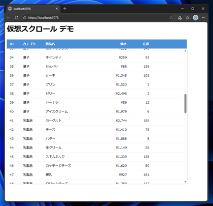 Razor Pages で仮想スクロールを実装する:画像3