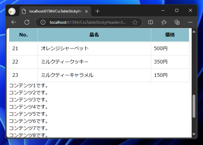 縦に長いテーブルでテーブルの見出しがスクロールアウトしないようにするコードと表示結果:画像5