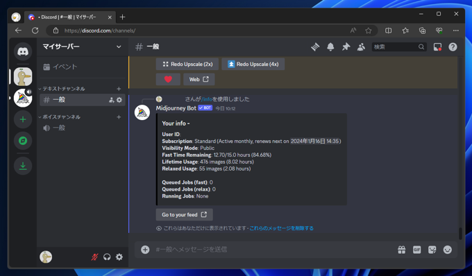 midjourney (niji journey) の Fast Time (GPU残り時間) の確認方法:画像4