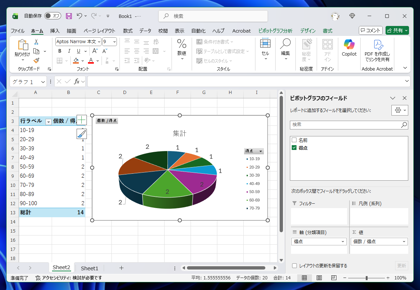 Excelで値の範囲ごとに個数を集計する - ピボットテーブルを利用した 値の範囲ごとの人数集計 (年代、価格帯、得点帯での集計方法):画像20