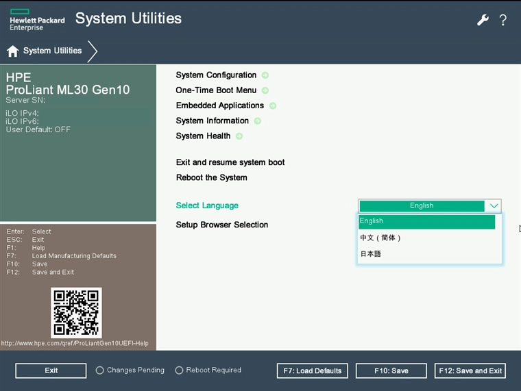 HPE ProLiant ML30 Gen10 の System Utilities メニューを日本語表示にする:画像5