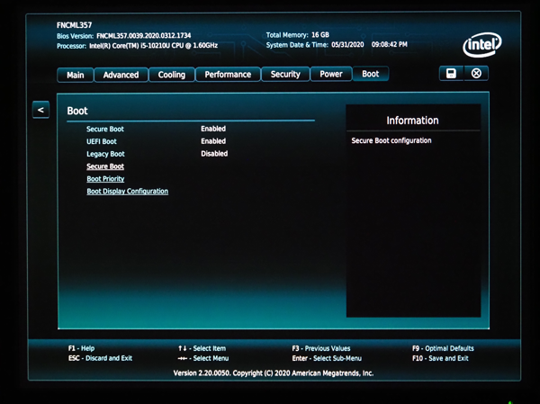 intel NUC 10 シリーズで セキュアブート (Secure Boot) を無効にする:画像1