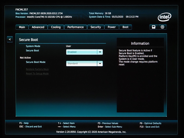 intel NUC 10 シリーズで セキュアブート (Secure Boot) を無効にする:画像2