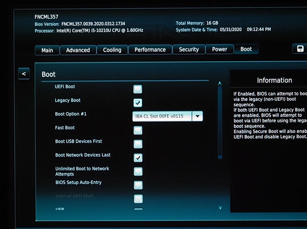intel NUC 10 シリーズで レガシーブート (Legacy Boot) を有効にする:画像10
