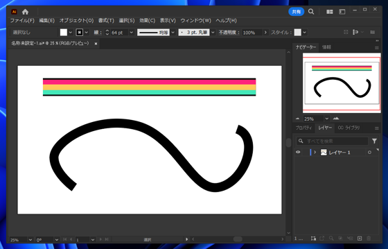 Illustratorのアピアランスで変形した線のグラフィックスタイルを曲線に適用すると意図した表示にならない:画像1