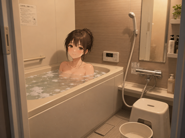 お風呂に入っているキャラクター、入浴シーンを表現するプロンプト、画像生成結果:画像1
