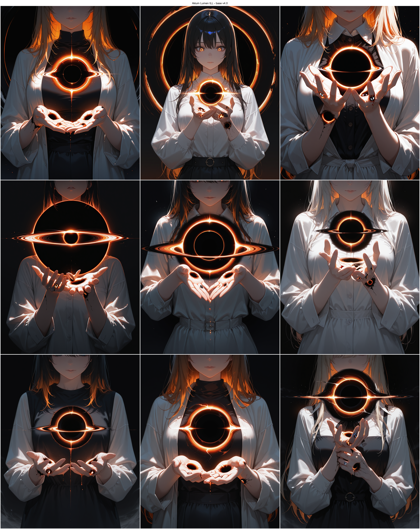 Akium Lumen ILL - base v4.0 - 中心に黒の円があり、オレンジ色の光の輪が取り囲み、その光が上下に湾曲して環を描いているイメージを作成するプロンプト、画像生成結果:画像13
