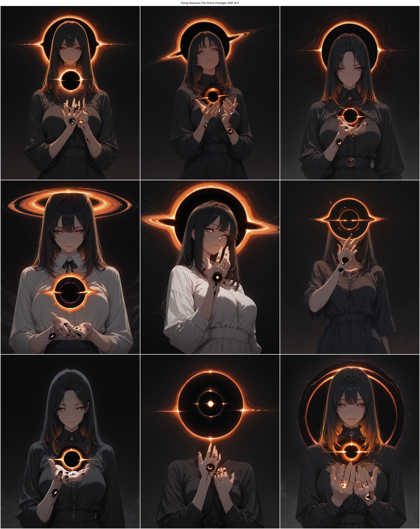 Diving-Illustrious Flat Anime Paradigm Shift v8.0 - 中心に黒の円があり、オレンジ色の光の輪が取り囲み、その光が上下に湾曲して環を描いているイメージを作成するプロンプト、画像生成結果:画像12