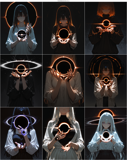 PerfectDeliberate-Anime v5.0_A - 中心に黒の円があり、オレンジ色の光の輪が取り囲み、その光が上下に湾曲して環を描いているイメージを作成するプロンプト、画像生成結果:画像16