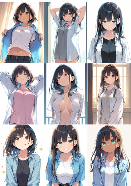 Sudachi Anima v1.0 - Tシャツの上に前あきのシャツを着るファッションスタイルを表現するプロンプト、画像生成結果:画像4