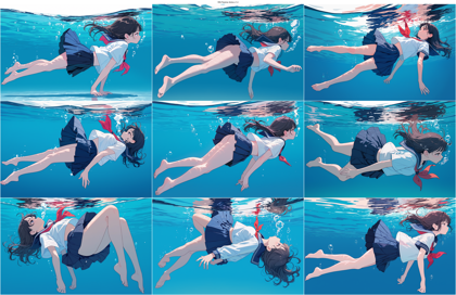 RIN Flanime Anima v1.4 - キャラクターが水中に落ちる、水没するシーンを表現するプロンプト、画像生成結果:画像8