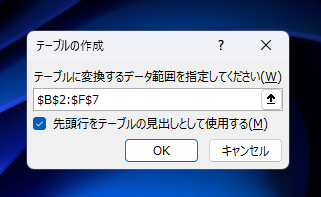 選択した範囲でテーブルを作成する:画像5