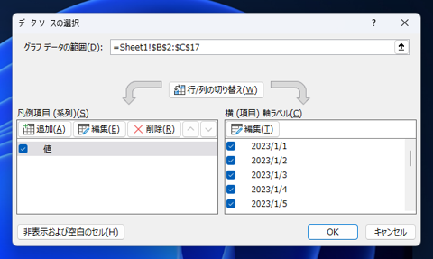 Excelのグラフの範囲を自動更新する:画像11