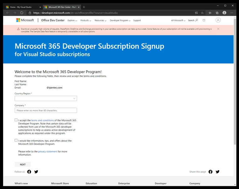 Visual Studio Subscription の Microsoft 365 developer subscription を有効にする:画像2