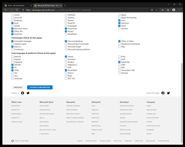 Visual Studio Subscription の Microsoft 365 developer subscription を有効にする:画像5