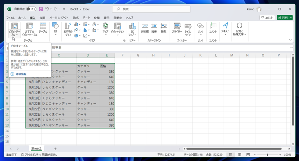連続した日付のテーブルで集計をする  - ピボットテーブルで値のない項目も表示した集計テーブルの作成:画像3