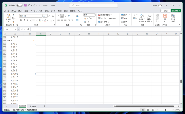 連続した日付のテーブルで集計をする  - ピボットテーブルで値のない項目も表示した集計テーブルの作成:画像21