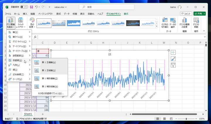 Excelの折れ線グラフに縦の目盛り線を表示する方法:画像15