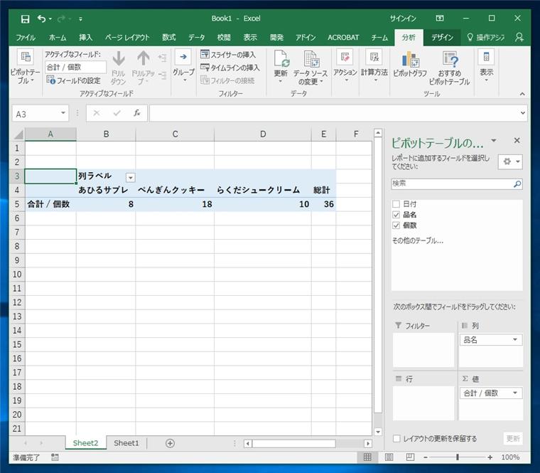 表から項目ごと日別の合計値を集計する / 値の種類ごとに日別に集計する - ピボットテーブルを利用した要素別の値の合計処理:画像6