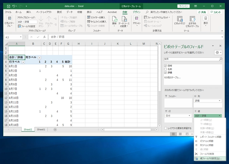 表から項目ごと日別の合計値を集計する / 値の種類ごとに日別に集計する - ピボットテーブルを利用した要素別の値の合計処理:画像20