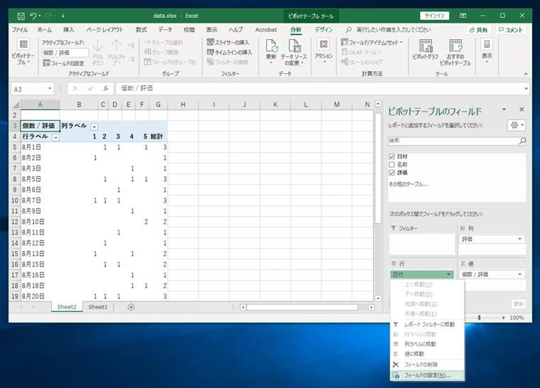 表から項目ごと日別の合計値を集計する / 値の種類ごとに日別に集計する - ピボットテーブルを利用した要素別の値の合計処理:画像27