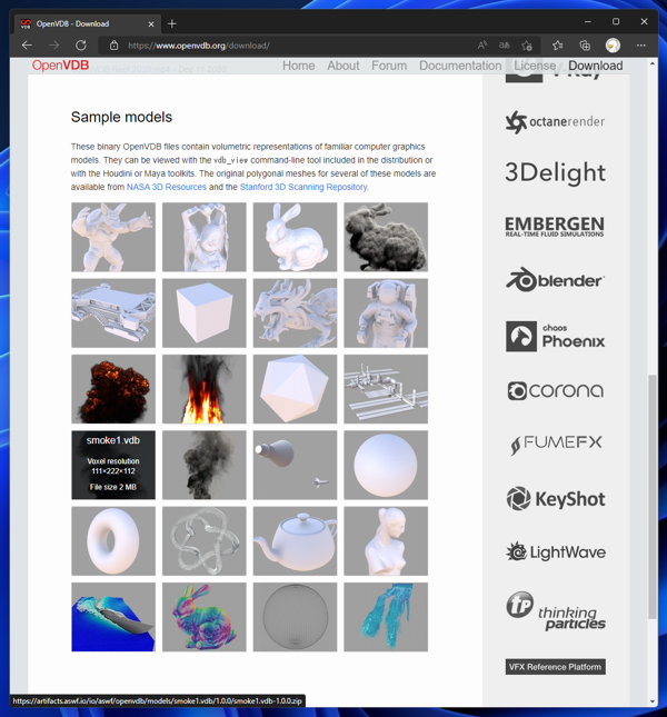 VDBのサンプルモデルを OpenVDBのサイトからダウンロードする:画像4