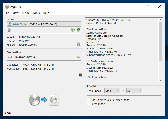 CD/DVDドライブに挿入されたディスクから ISOイメージを作成する (ImgBurnを利用):画像3