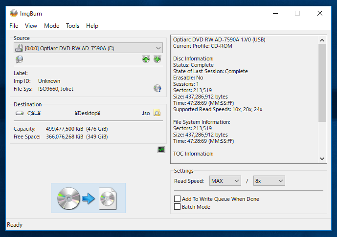 CD/DVDドライブに挿入されたディスクから ISOイメージを作成する (ImgBurnを利用):画像4