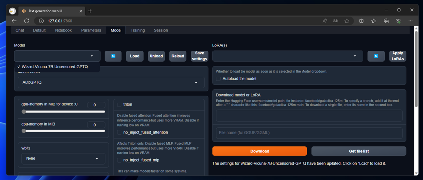 Text generation web UI に LLM モデルをインストールする (ローカル環境でのLLMの実行):画像6