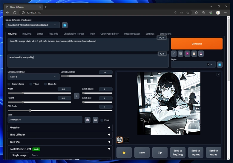 カラーイラスト画像をグレースケールの漫画スタイルの画像にする - ControlNet Lineart Anime + Manga Style LoRAを利用:画像6