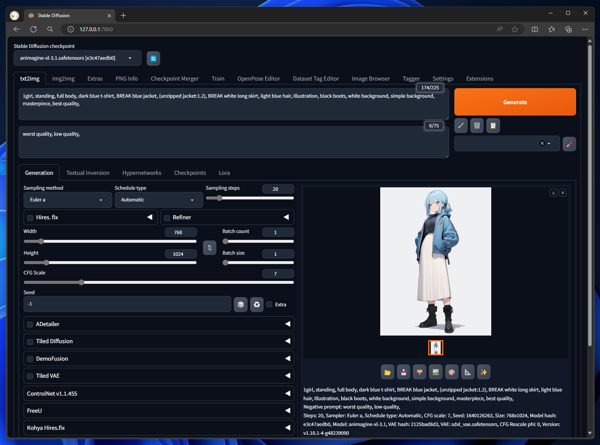 生成画像の解像度を上げて、画像の細部を描画する - Hires.fix の利用:画像1