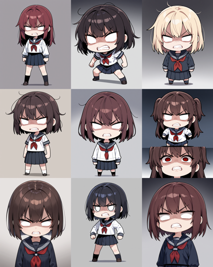Prefect illustrious XL v3 - 怒っているデフォルメした顔で瞳がない目を表現するプロンプト、画像生成結果:画像4