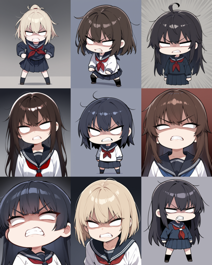WAI-illustrious-SDXL v15.0 - 怒っているデフォルメした顔で瞳がない目を表現するプロンプト、画像生成結果:画像1