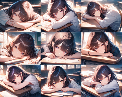 Animagine XL v4.0 opt - 机に突っ伏すポーズ (机に上半身をあずけて、うつぶせの姿勢になる) を表現するプロンプト、画像生成結果:画像6
