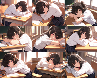 HakushiMix v1.41 - 机に突っ伏すポーズ (机に上半身をあずけて、うつぶせの姿勢になる) を表現するプロンプト、画像生成結果:画像10