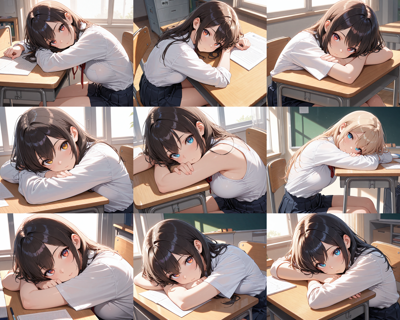 Prefect Illustrious v3.0 - 机に突っ伏すポーズ (机に上半身をあずけて、うつぶせの姿勢になる) を表現するプロンプト、画像生成結果:画像9