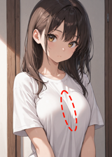 シャツで胸の谷間部分にしわができないようにするプロンプト、画像生成結果:画像1