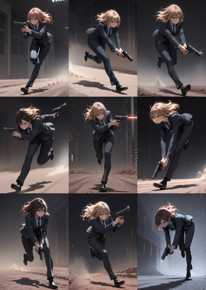 FlareDiffusion v18 - 銃を下に向けて走るポーズを表現するプロンプト、画像生成結果:画像14