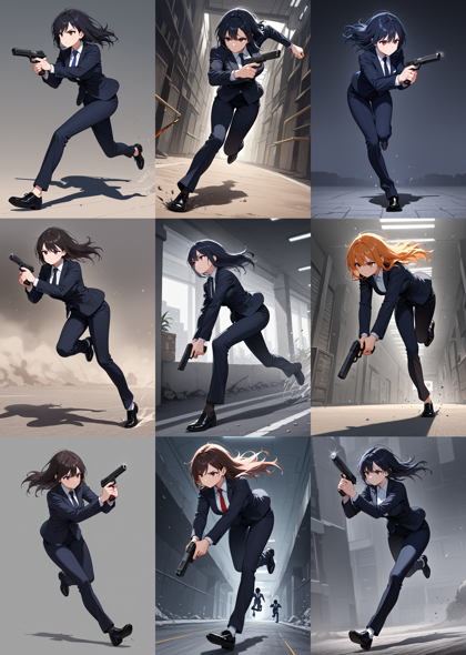 Ikastrious v19.0 - 銃を下に向けて走るポーズを表現するプロンプト、画像生成結果:画像12