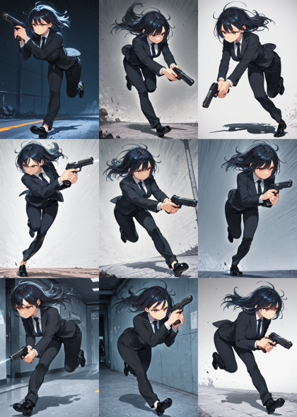 LinenIllustrious v3.0 - 銃を下に向けて走るポーズを表現するプロンプト、画像生成結果:画像19