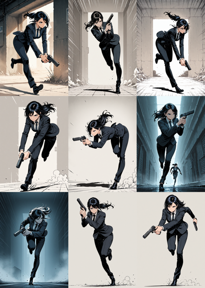 Obsidian Anise v1.0 - 銃を下に向けて走るポーズを表現するプロンプト、画像生成結果:画像23