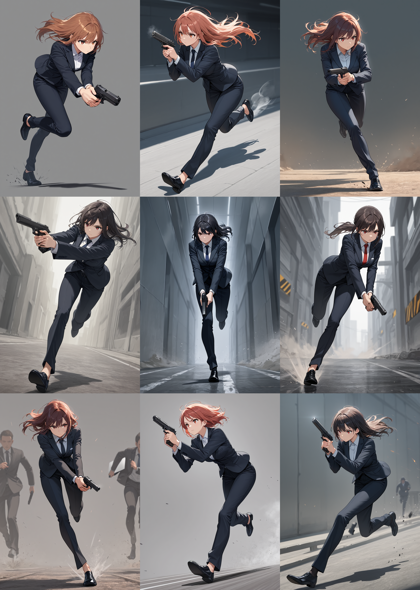 WAI-illustrious-SDXL v16.0 - 銃を下に向けて走るポーズを表現するプロンプト、画像生成結果:画像1