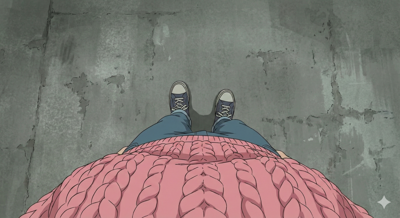 自分の視点から自分の体を見ているシーンを表現するプロンプト、画像生成結果:画像1