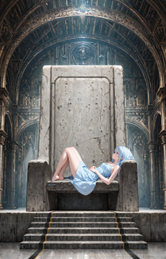 幅の広い椅子、大きい椅子に横向きに座っているシーンを表現するプロンプト、画像生成結果:画像11