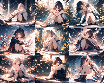 Animagine XL v4.0 opt - 膝を折り曲げて座る、膝を抱えて座る、体育座りのポーズのプロンプト:画像1