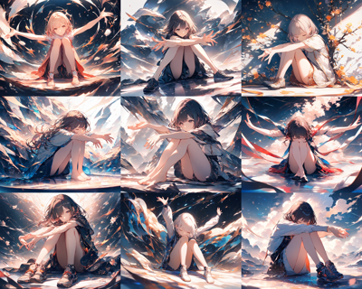 Animagine XL v4.0 opt - 膝を折り曲げて座る、膝を抱えて座る、体育座りのポーズのプロンプト:画像7