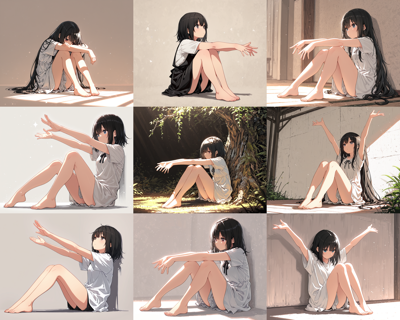 HakushiMix v1.41 - 膝を折り曲げて座る、膝を抱えて座る、体育座りのポーズのプロンプト:画像10