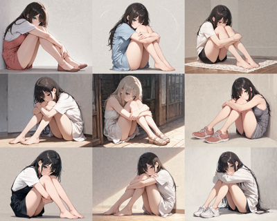 Nova Anime XL v10 - 膝を折り曲げて座る、膝を抱えて座る、体育座りのポーズのプロンプト:画像3