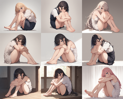 SakuraSakuma Mix IL4 - 膝を折り曲げて座る、膝を抱えて座る、体育座りのポーズのプロンプト:画像5